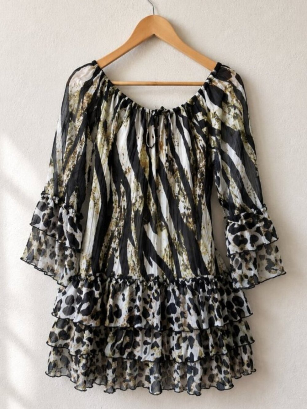 Alberto Makali Vintage Y2K Animal Print Tiered Ruffle Tunic Top Mini Dress S